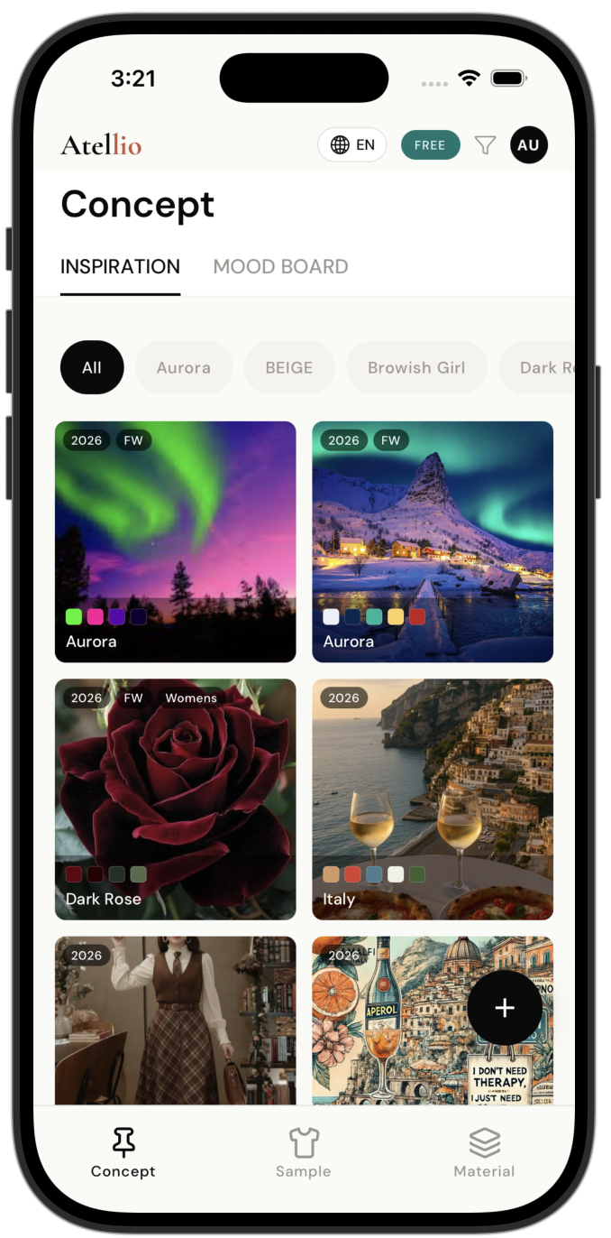 Atellio mobile app — Insight screen showing inspiration mood board
