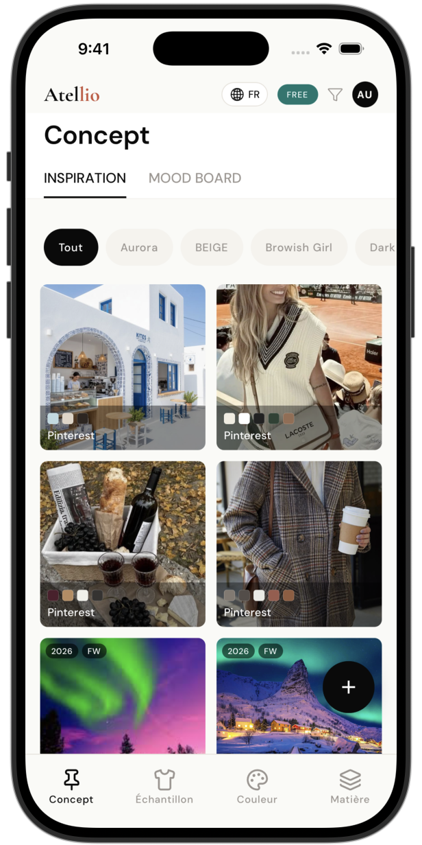 Atellio mobile app — Insight screen showing inspiration mood board